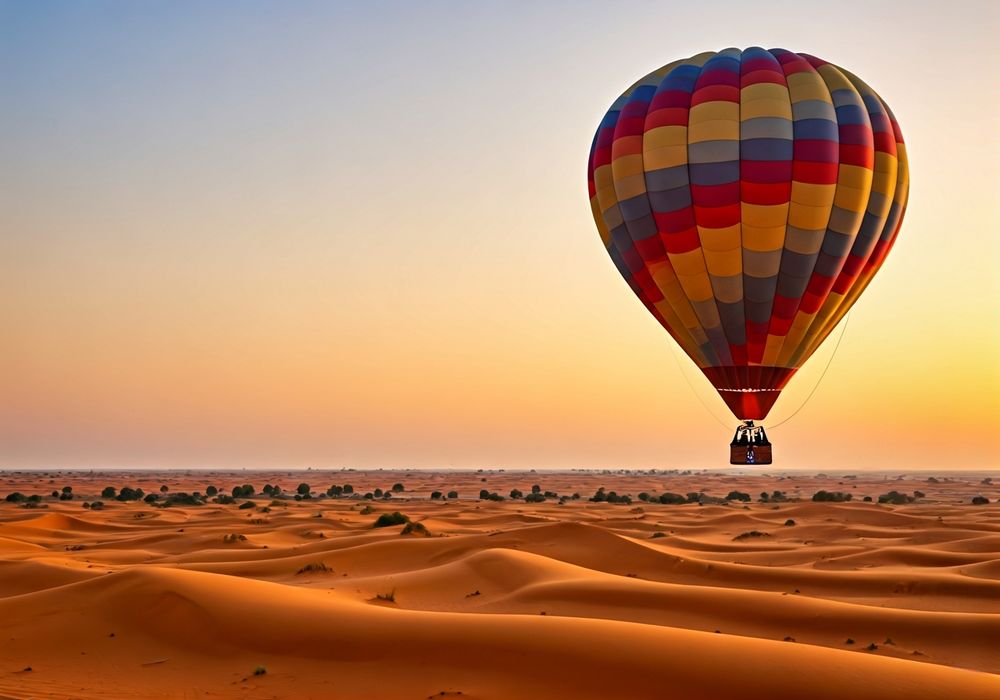 Hot air balloon over Dubai desert at sunrise