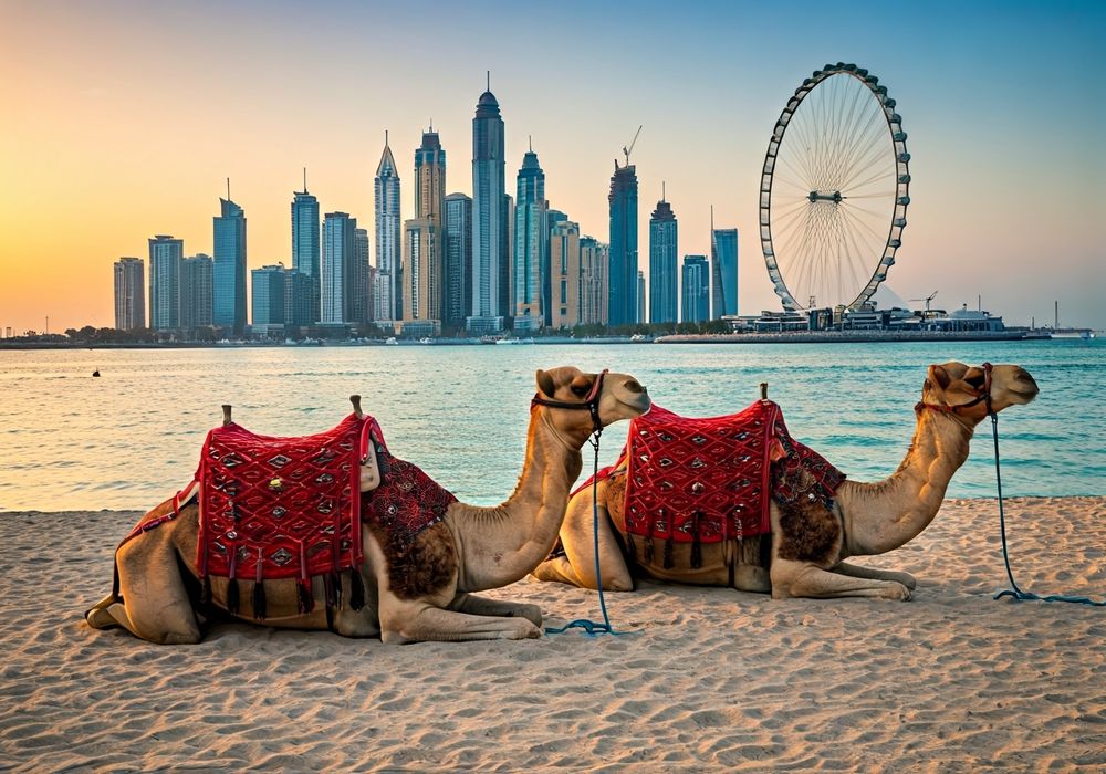 Saddled camels on JBR Beach with Dubai Marina background