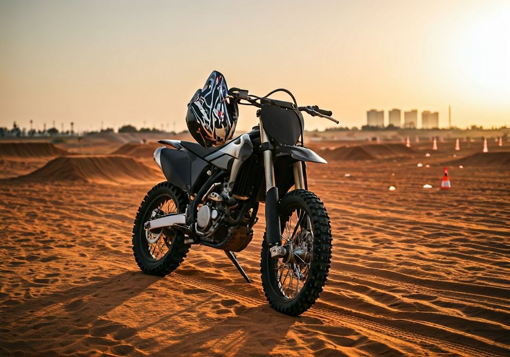 Beginner dirt bike on flat sand with marker cones