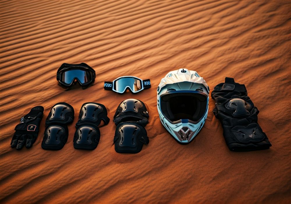 Helmet, goggles, knee and elbow pads laid out on red sand