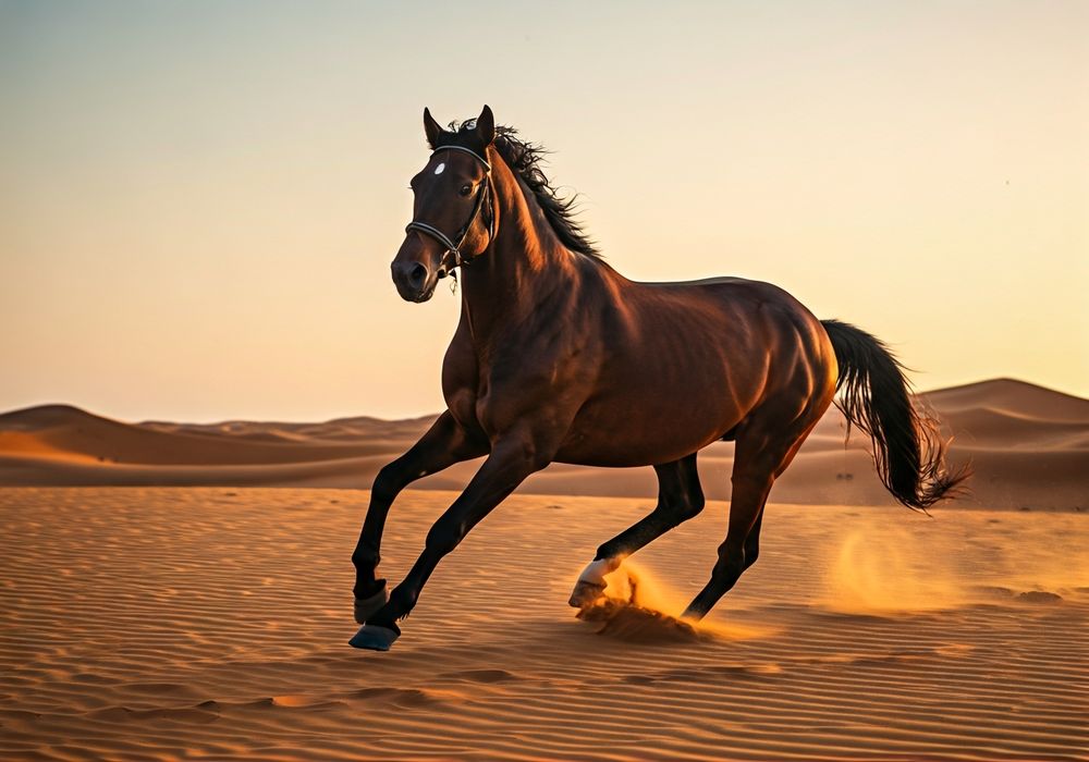 Horse and rider galloping on Lahbab red sand dunes