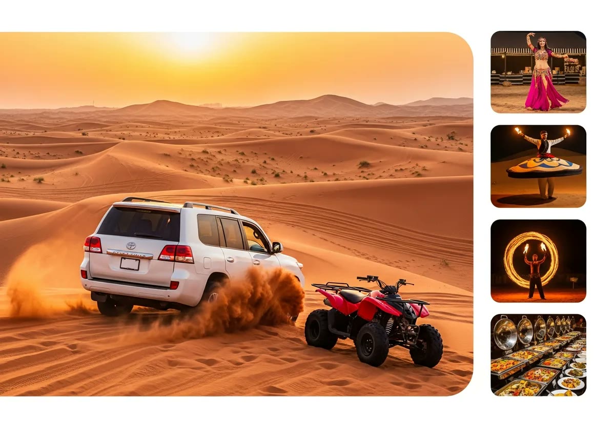 White Land Cruiser dune bashing at sunset with a red ATV quad, plus belly dance, Tanoura, fire show and BBQ buffet inset photos