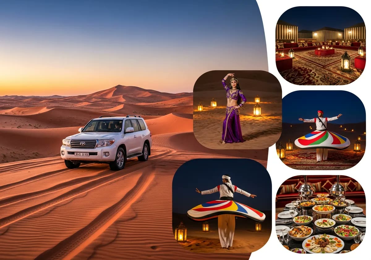 White Land Cruiser 4x4 on a private dune drive at dusk, with luxury majlis camp, belly dance, Tanoura and BBQ buffet inset photos